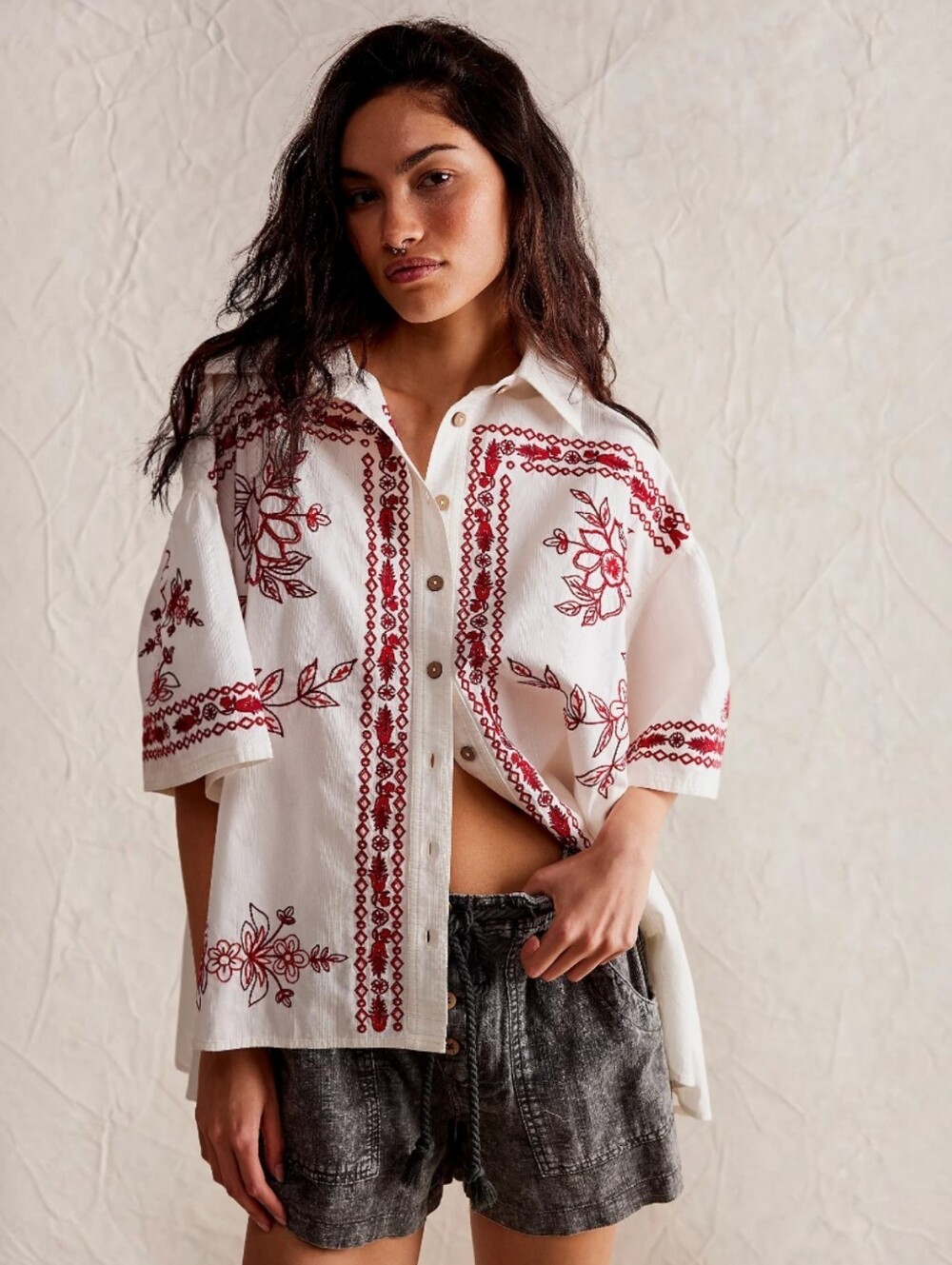We The Free White/Red Spring Refresh Vacation Shirt, S, Embroidered, Boho, Vacay